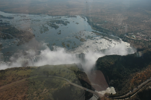 Falls from the air with bridge and hotel 